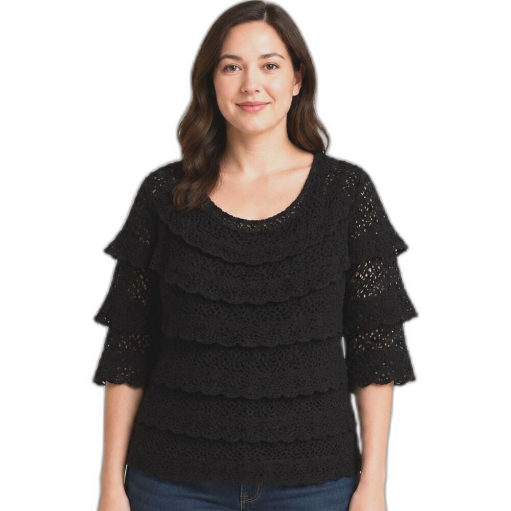 Denim 24/7 Womens Size Large Tiered Crochet Ruffle 3/4 Sleeve Top Blouse Black